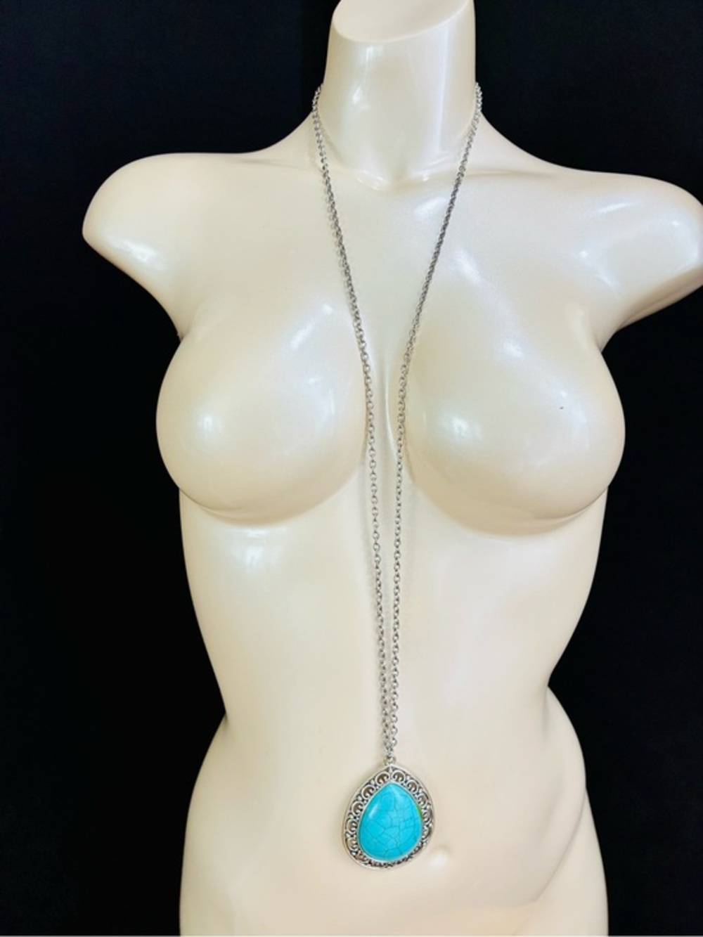 Source Unknown Silver-Tone Long Necklace with Turquoise Teardrop Pendant